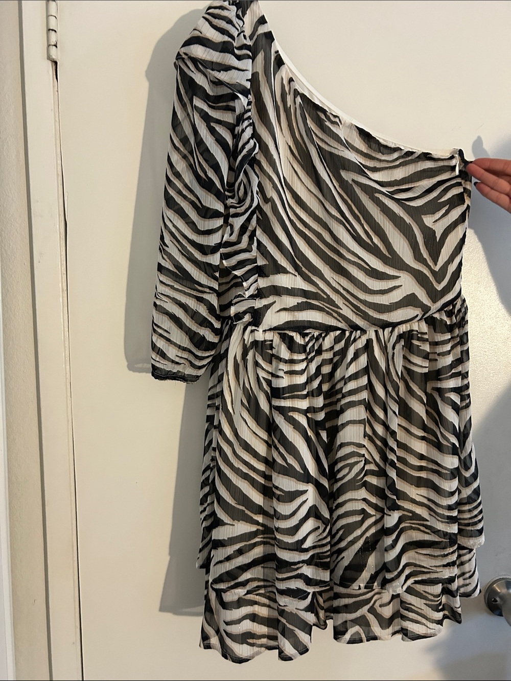 Asymmetric One-Shoulder Zebra Print Mini Dress in Black & White